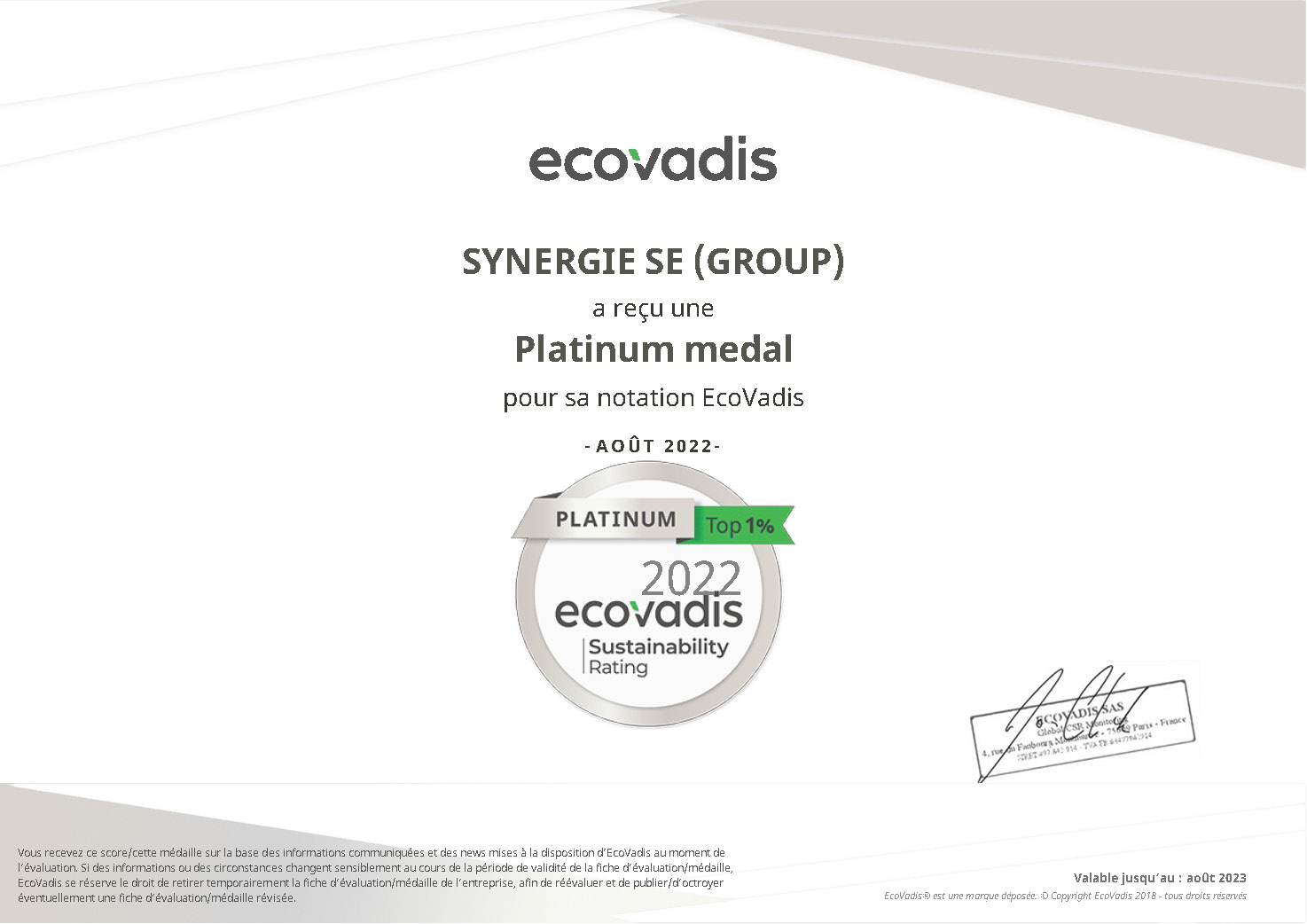 Synergie augmente son score Ecovadis